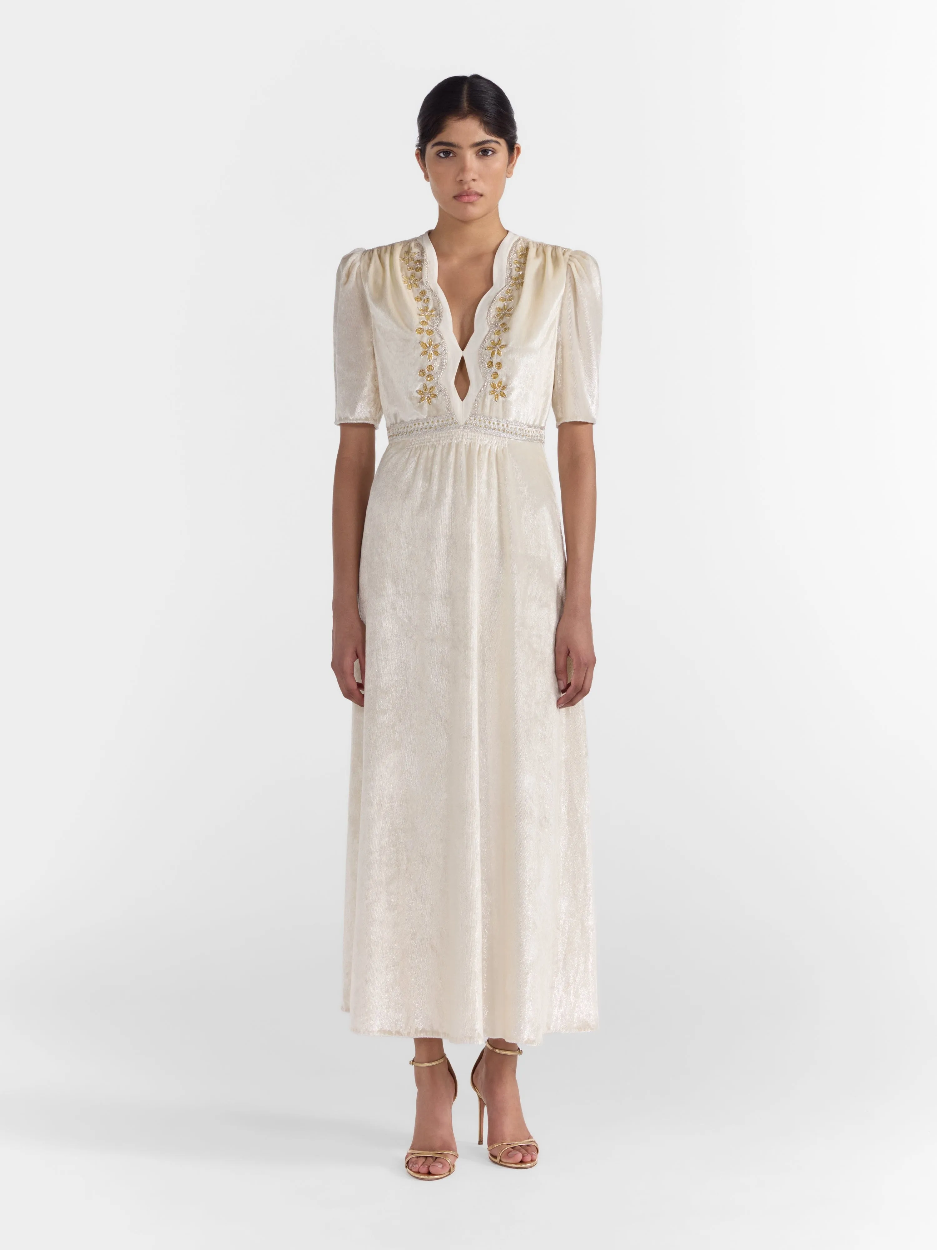 Tabitha Dress in Tusk Silver Vines Embroidery