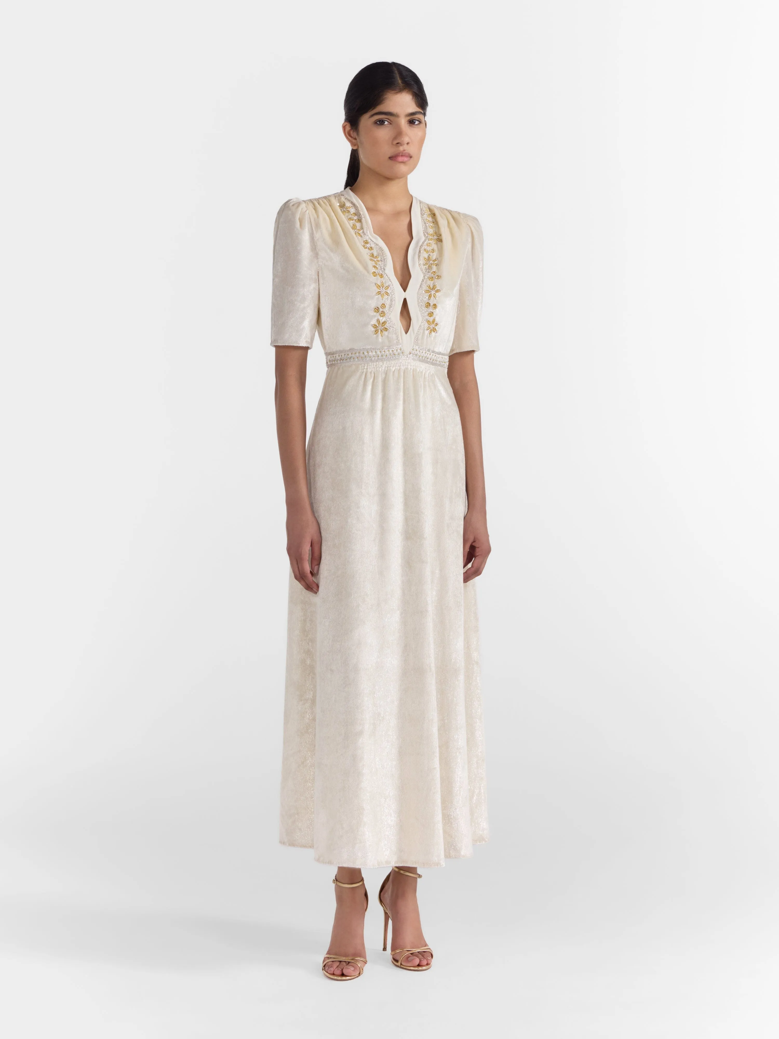 Tabitha Dress in Tusk Silver Vines Embroidery