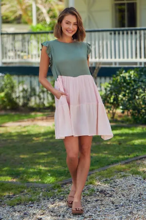 Thalia Tiered Green/Pink Frill Sleeve Dress