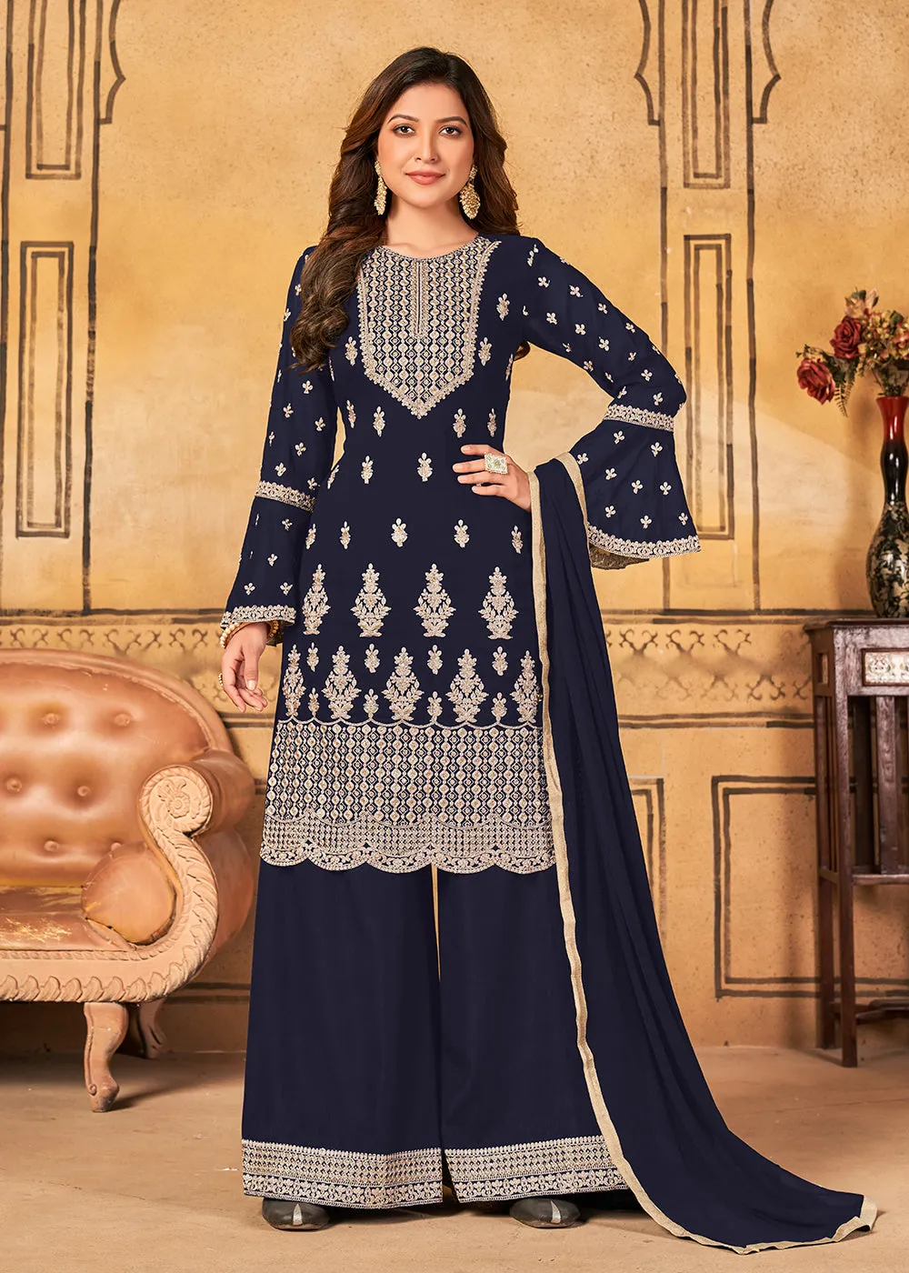 Traditional Wedding Blue Georgette Palazzo Salwar Kurta