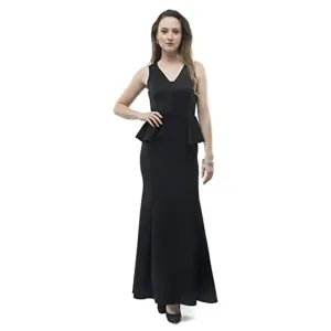 V&M Women's Black V-Neck Bodycon Sleeveless Peplum Mermaid Evening Maxi Party Dress (vm138)