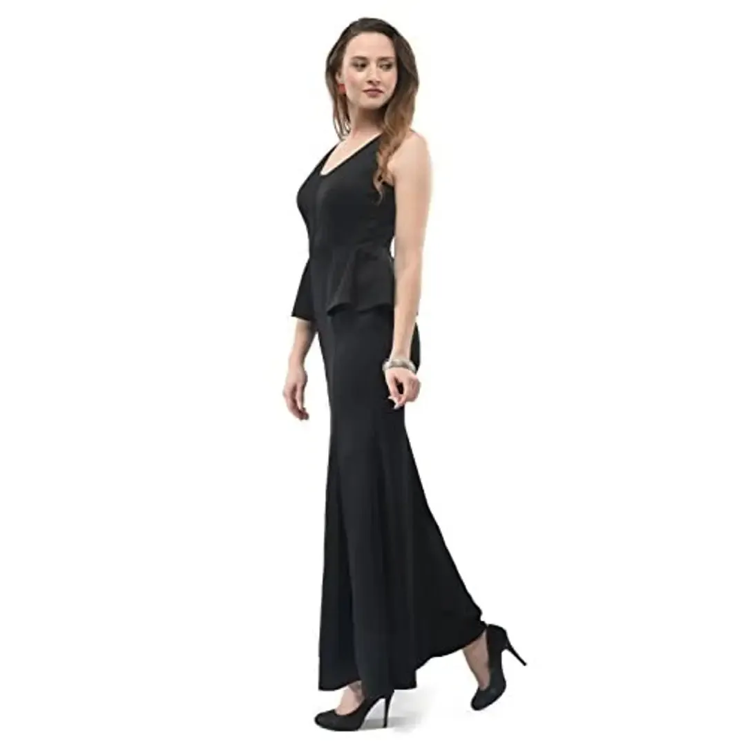 V&M Women's Black V-Neck Bodycon Sleeveless Peplum Mermaid Evening Maxi Party Dress (vm138)