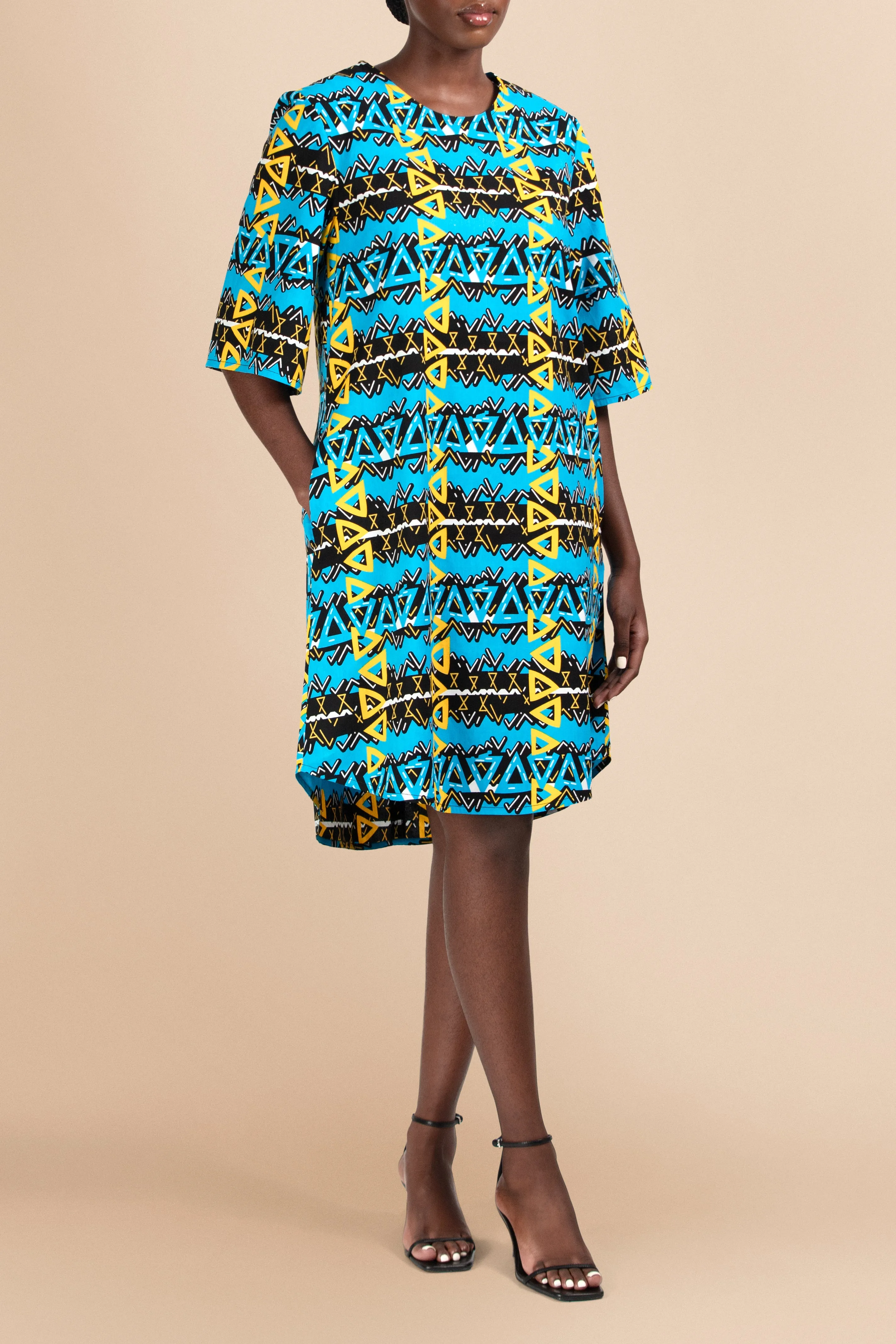 Vele Shift Cotton Dress in Turquoise Linear Triangles Print