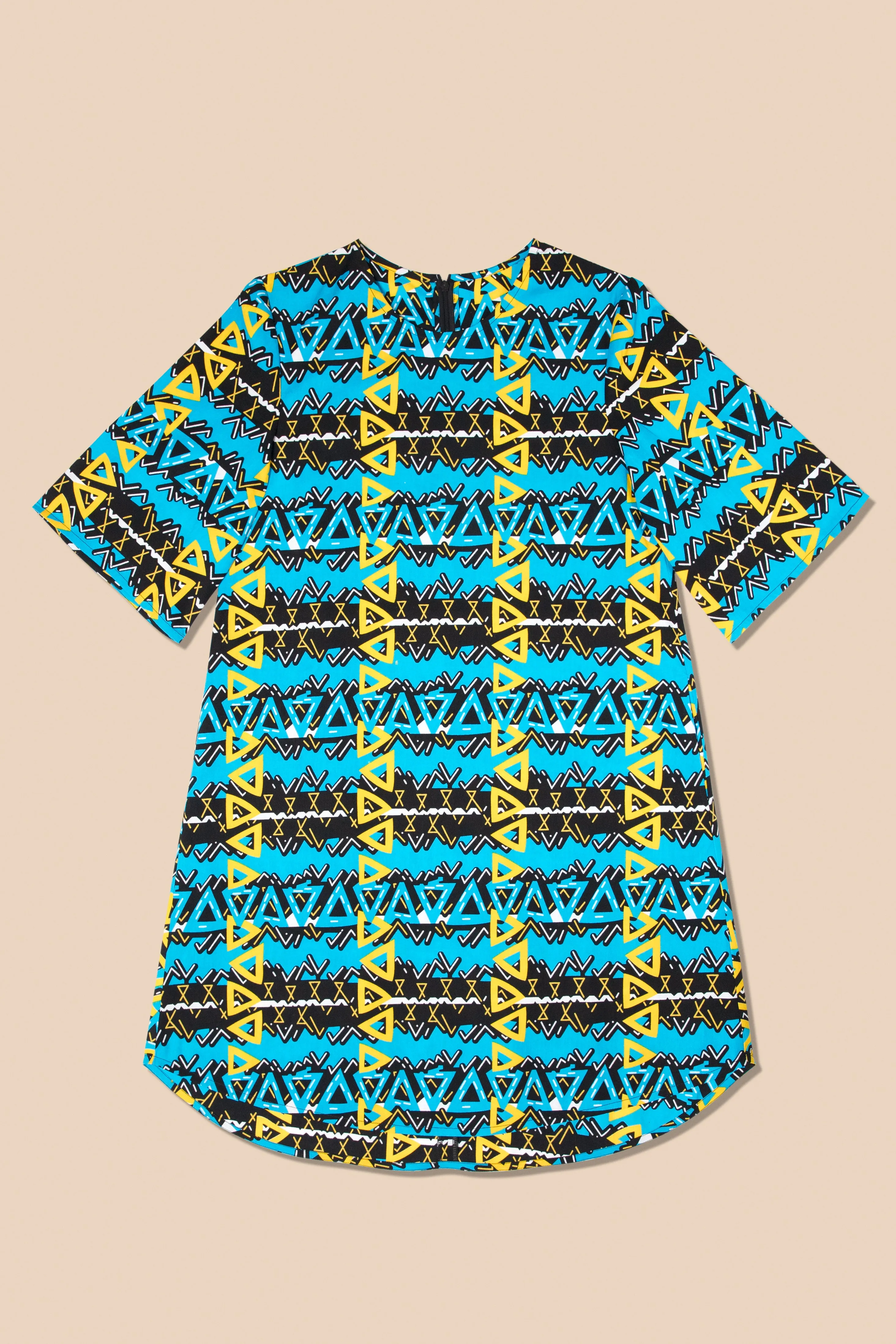 Vele Shift Cotton Dress in Turquoise Linear Triangles Print