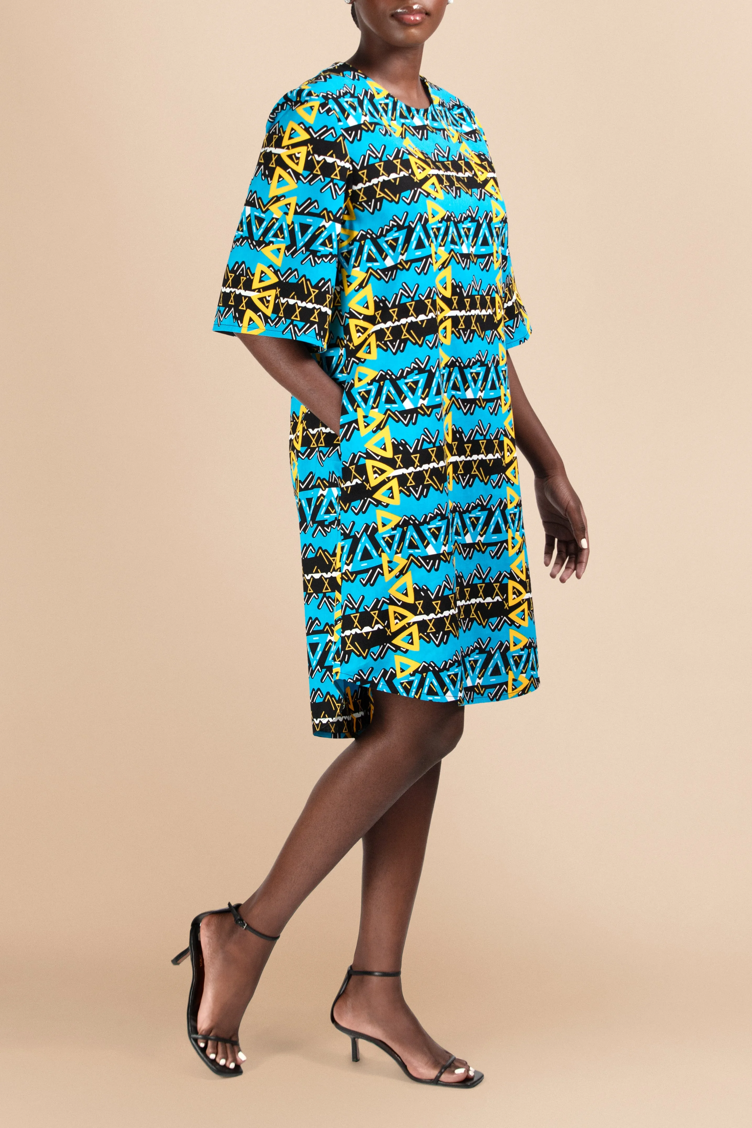 Vele Shift Cotton Dress in Turquoise Linear Triangles Print