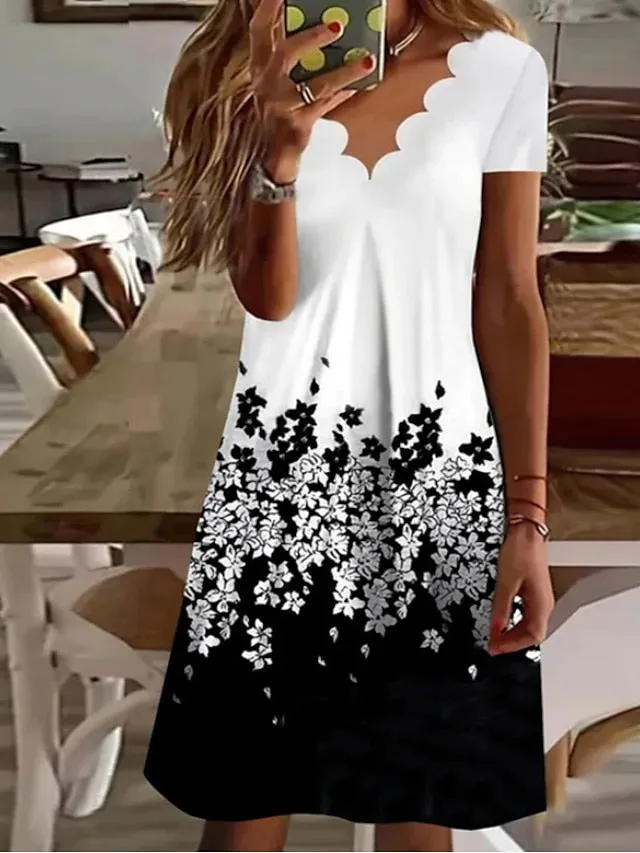 Women's Casual Dress Shift Dress Floral Dress Mini Dress Black And White Black White Short Sleeve Floral Print Summer Spring Scalloped Neck Fashion Vacation 2023 S M L XL XXL 3XL