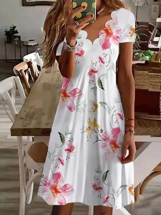 Women's Casual Dress Shift Dress Floral Dress Mini Dress Black And White Black White Short Sleeve Floral Print Summer Spring Scalloped Neck Fashion Vacation 2023 S M L XL XXL 3XL