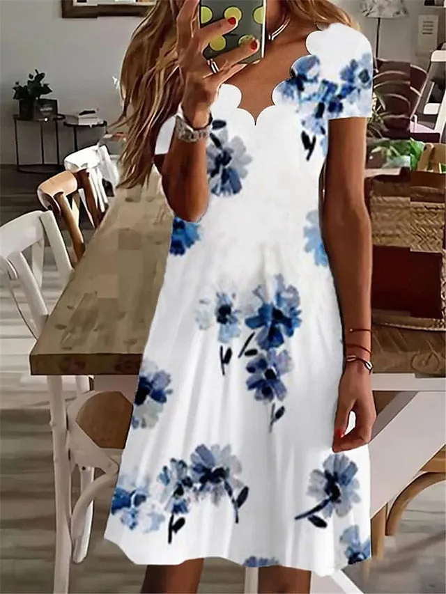 Women's Casual Dress Shift Dress Floral Dress Mini Dress Black And White Black White Short Sleeve Floral Print Summer Spring Scalloped Neck Fashion Vacation 2023 S M L XL XXL 3XL