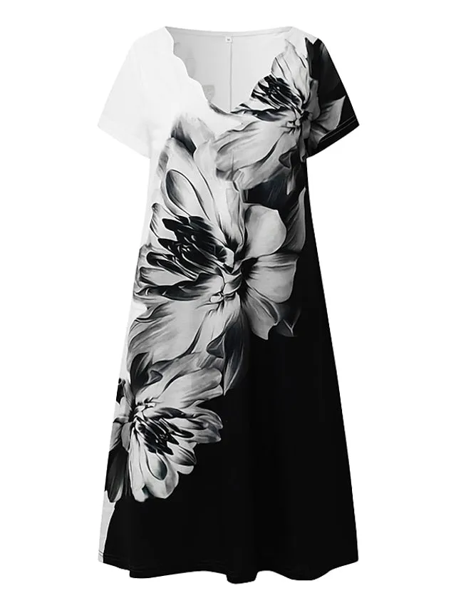 Women's Casual Dress Shift Dress Floral Dress Mini Dress Black And White Black White Short Sleeve Floral Print Summer Spring Scalloped Neck Fashion Vacation 2023 S M L XL XXL 3XL