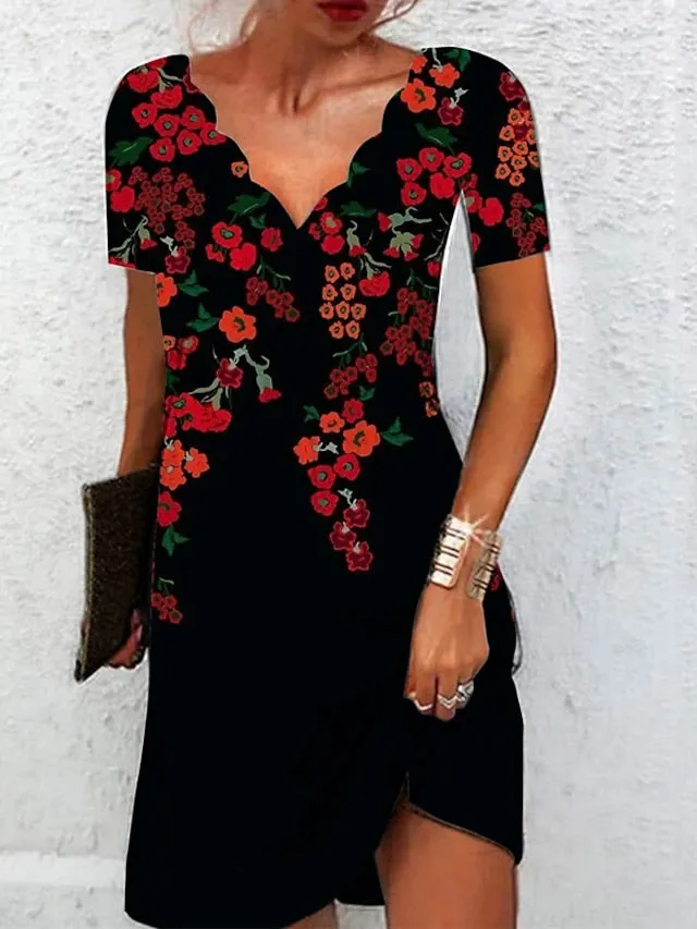 Women's Casual Dress Shift Dress Floral Dress Mini Dress Black And White Black White Short Sleeve Floral Print Summer Spring Scalloped Neck Fashion Vacation 2023 S M L XL XXL 3XL