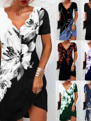 Women's Casual Dress Shift Dress Floral Dress Mini Dress Black And White Black White Short Sleeve Floral Print Summer Spring Scalloped Neck Fashion Vacation 2023 S M L XL XXL 3XL