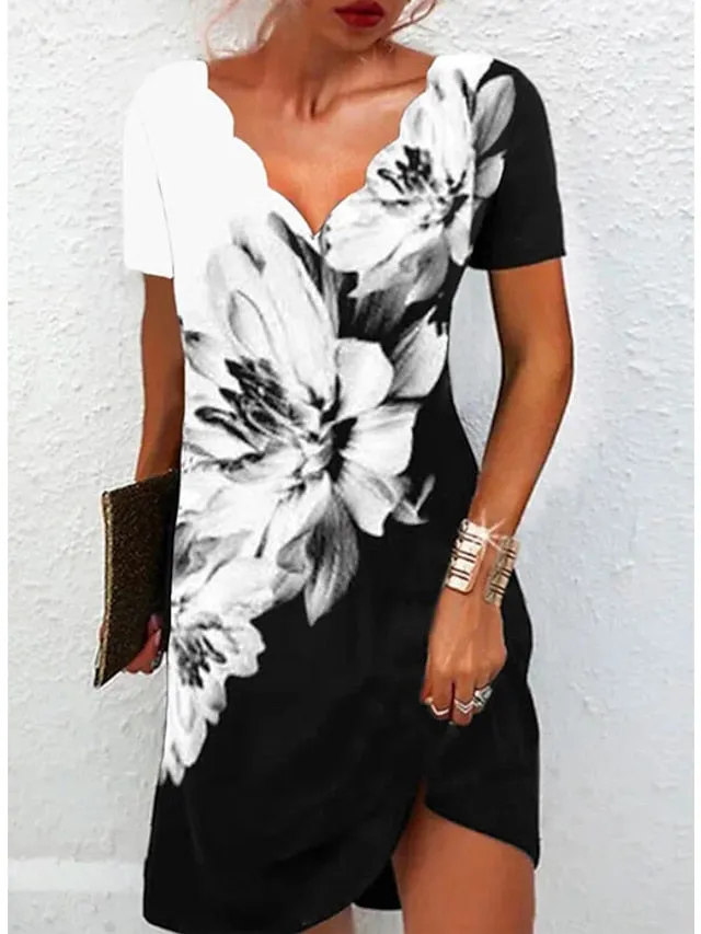 Women's Casual Dress Shift Dress Floral Dress Mini Dress Black And White Black White Short Sleeve Floral Print Summer Spring Scalloped Neck Fashion Vacation 2023 S M L XL XXL 3XL