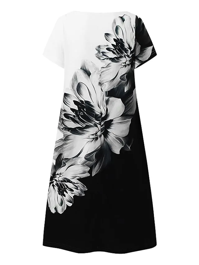 Women's Casual Dress Shift Dress Floral Dress Mini Dress Black And White Black White Short Sleeve Floral Print Summer Spring Scalloped Neck Fashion Vacation 2023 S M L XL XXL 3XL