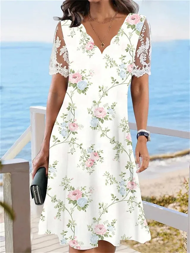 Women's Casual Dress Summer Dress Print Dress Floral Lace Patchwork Scalloped Neck Lace Sleeve Midi Dress Fashion Streetwear Daily Vacation Short Sleeve Loose Fit Pink Summer Spring S M L XL XXL