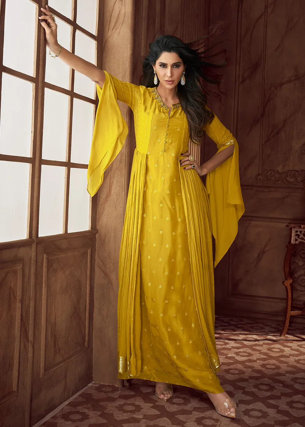 Yellow Heavy Georgette Embroidered Wedding Party Anarkali Gown