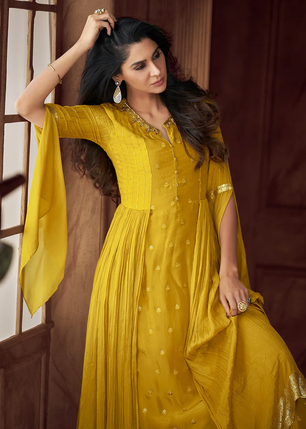 Yellow Heavy Georgette Embroidered Wedding Party Anarkali Gown